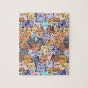 Colorful Cute Cat Crowd Pattern Whimsical Cat Face Jigsaw Puzzle