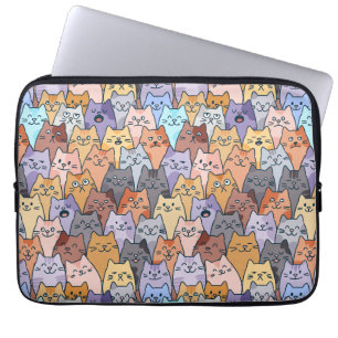 Colorful Cute Cat Crowd Pattern Whimsical Cat Face Laptop Sleeve