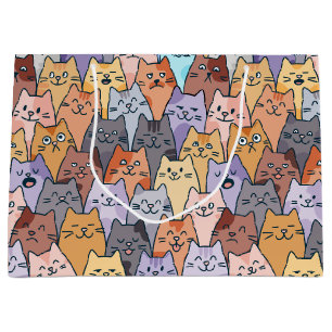 Colorful Cute Cat Crowd Pattern Whimsical Cat Face Large Gift Bag