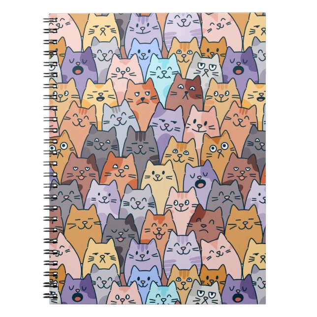 Colorful Cute Cat Crowd Pattern Whimsical Cat Face Notebook (Front)