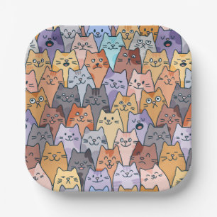 Colorful Cute Cat Crowd Pattern Whimsical Cat Face Paper Plate