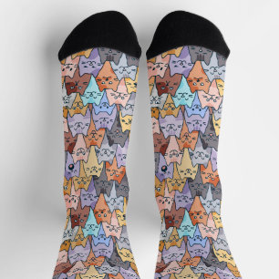 Colorful Cute Cat Crowd Pattern Whimsical Cat Face Socks