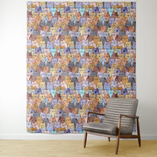 Colorful Cute Cat Crowd Pattern Whimsical Cat Face Tapestry