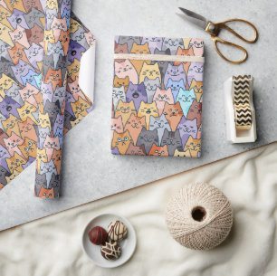 Colorful Cute Cat Crowd Pattern Whimsical Cat Face Wrapping Paper