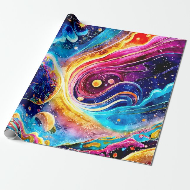 COLORFUL CUTE GALAXY PLANET DESIGN WRAPPING PAPER (Unrolled)