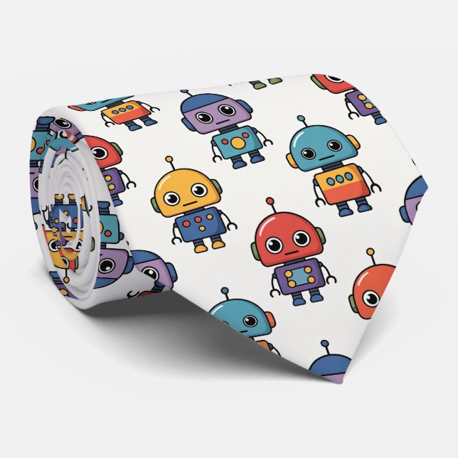 Colorful Cute Robot Pattern Tie (Rolled)