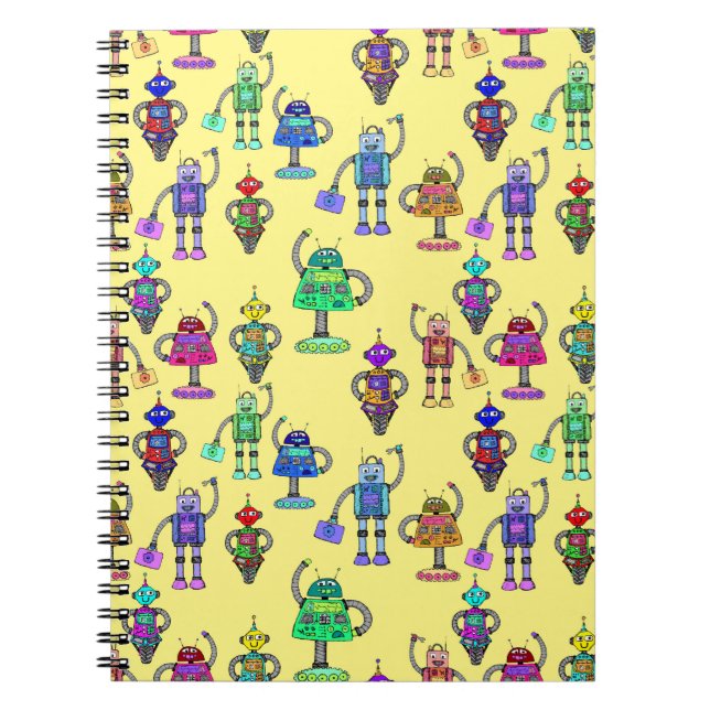 Colorful cute robots on a yellow background notebook (Front)