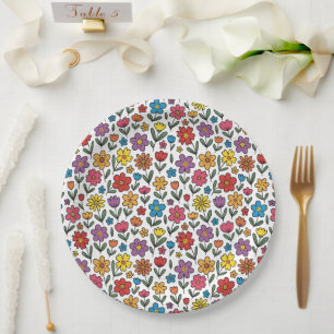 Colorful Cute Spring Flowers Paper Plates