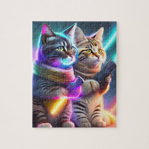 Colorful Cyberpunk Cats With Lasers Guns Jigsaw Puzzle