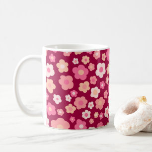 Colorful Daisies Floral Retro Pattern Pink Red Coffee Mug
