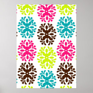 Colorful damask floral cute neon flower pattern poster