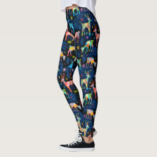 Colorful Deer Chrismas Tree Forest Star Snowflakes Leggings