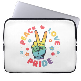 Colorful design with peace, love and pride hand laptop sleeve