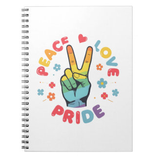 Colorful design with peace, love and pride hand notebook