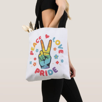 Colorful design with peace, love and pride hand  tote bag