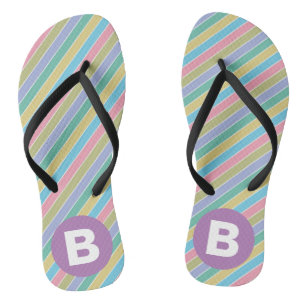 Colorful Diagonal Candy Stripes Purple Monogram Flip Flops