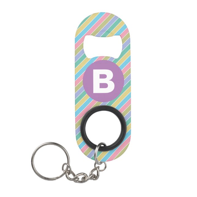 Colorful Diagonal Candy Stripes Purple Monogram Keychain Bottle Opener (Front)