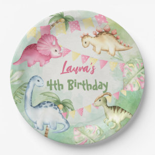 Colorful dinosaur birthday party personalized name paper plate