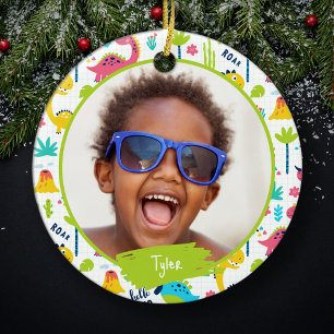 Colorful Dinosaur Pattern Kid Name Photo Christmas Ceramic Ornament