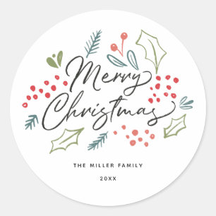Colorful Doodles Merry Christmas Name Classic Round Sticker