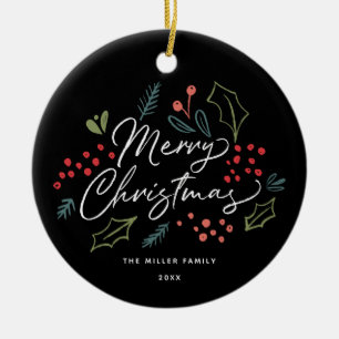 Colorful Doodles Merry Christmas   Photo on Back Ceramic Ornament