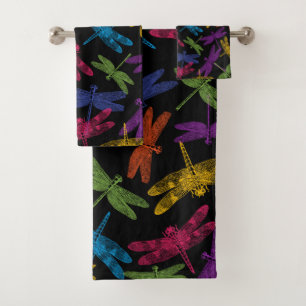COLORFUL DRAGONFLIES ABSTRACT FLYING PATTERN BATH TOWEL SET