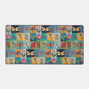 Colorful Dragonflies And Roses Patchwork Desk Mat