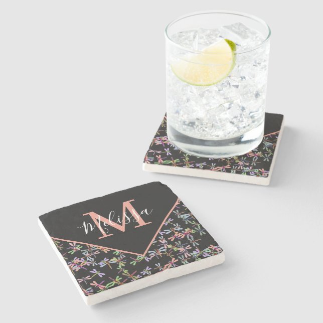 Colorful dragonflies personalized   stone coaster (Side)
