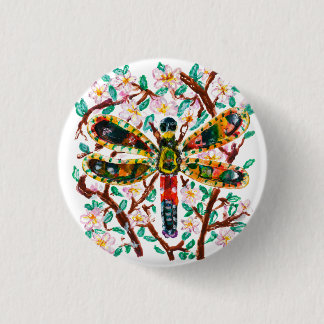Colorful Dragonfly Among Cherry Blossoms 1 Inch Round Button