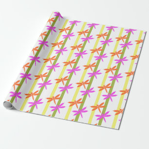Colorful Dragonfly Pattern Bright Summer Stripe Wrapping Paper