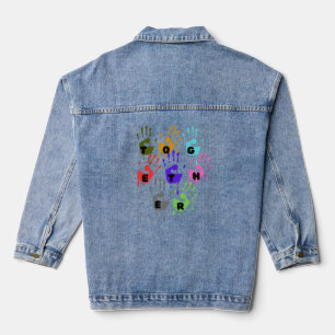 Colorful Dripping Handprints Forming Word Together Denim Jacket