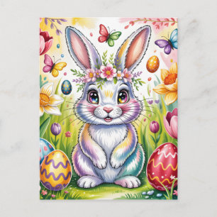 Colorful Easter Bunny Illustration with Crown Postcard