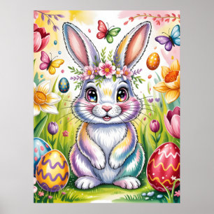 Colorful Easter Bunny Illustration with Crown Poster