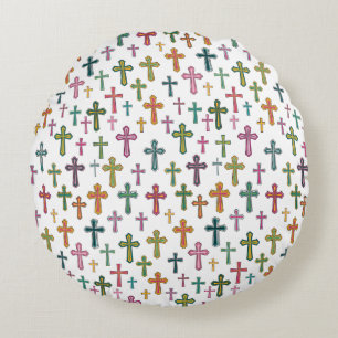Colorful Easter cross patterned Round Pillow