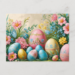 Colorful Easter Eggs and Flowers Holiday Postcard