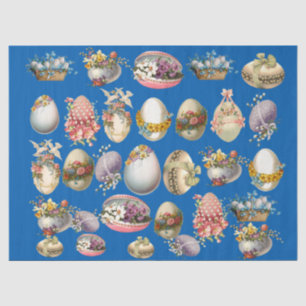 COLORFUL EASTER EGGS, FLOWERS ,WHITE DOVES IN BLUE TISSUE PAPER