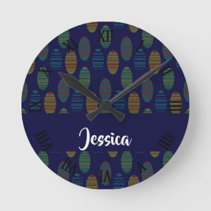 Colorful easter eggs on blue round clock