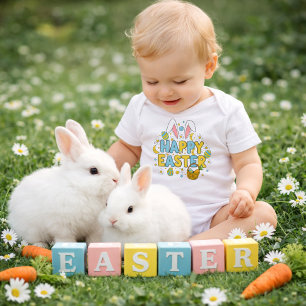 Colorful Easter Lettering Design with Eggs Baby Bodysuit
