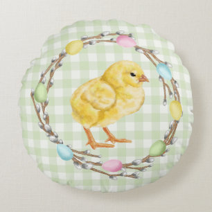 Colorful Easter Willow Wreath With Yellow Chick Round Pillow