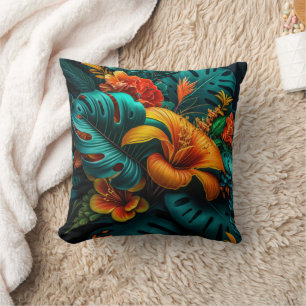 Colorful Elegant Tropical Leaves and Flowers   Throw Pillow