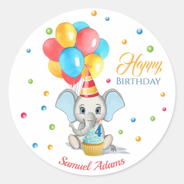Colorful Elephant Cartoon Kids Birthday Classic Round Sticker (Front)