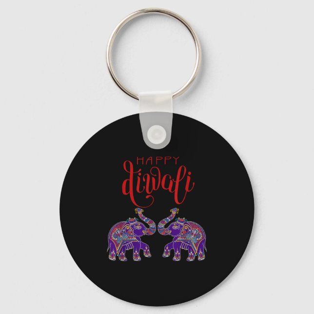 Colorful Elephant Happy Deepavali Diwali For Hindu Keychain (Front)