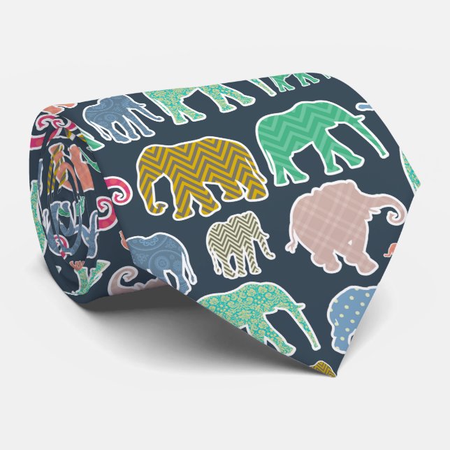 Colorful Elephants, Pattern Of Elephants, Zigzag Tie (Rolled)