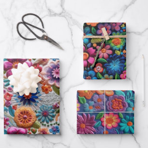 Colorful Embroidered Flowers Designs Wrapping Paper Sheet