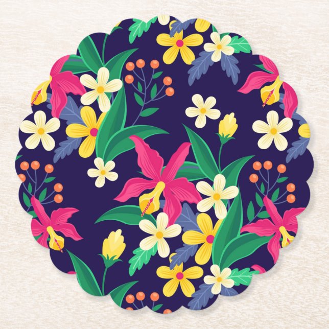 Colorful Exotic Flowers Leaves Pattern-23021 Paper Coaster (Front)