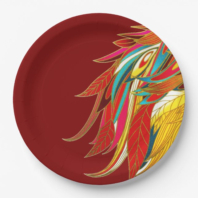 Colorful Exotic Tribal Feathers Red Paper Plate (Front)