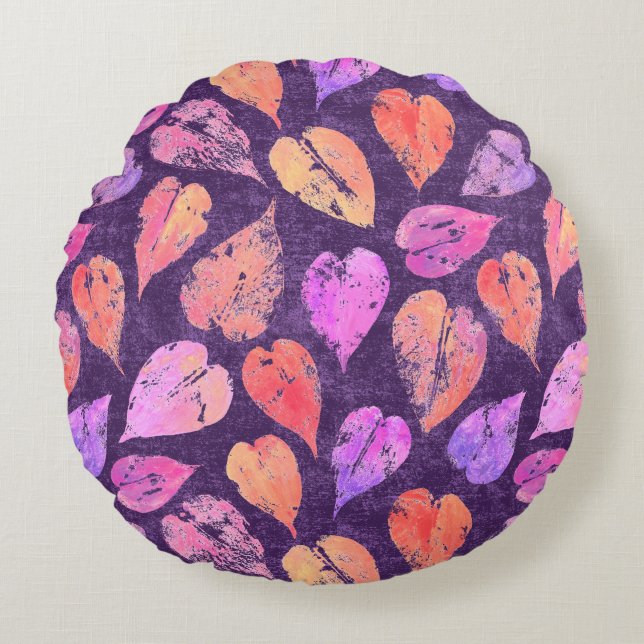 Colorful Fall Leaves On Purple Pattern Round Pillow (Front)