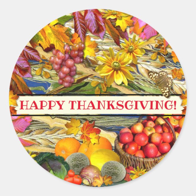 Colorful Fall Produce Happy Thanksgiving Classic Round Sticker (Front)