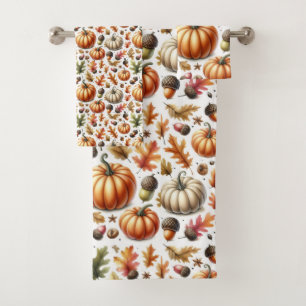 Colorful Fall Season Pumpkins and Leaves Print  Bath Towel Set