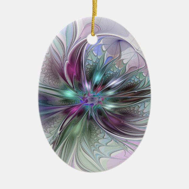 Colorful Fantasy Abstract Modern Fractal Flower Ceramic Ornament (Front)
